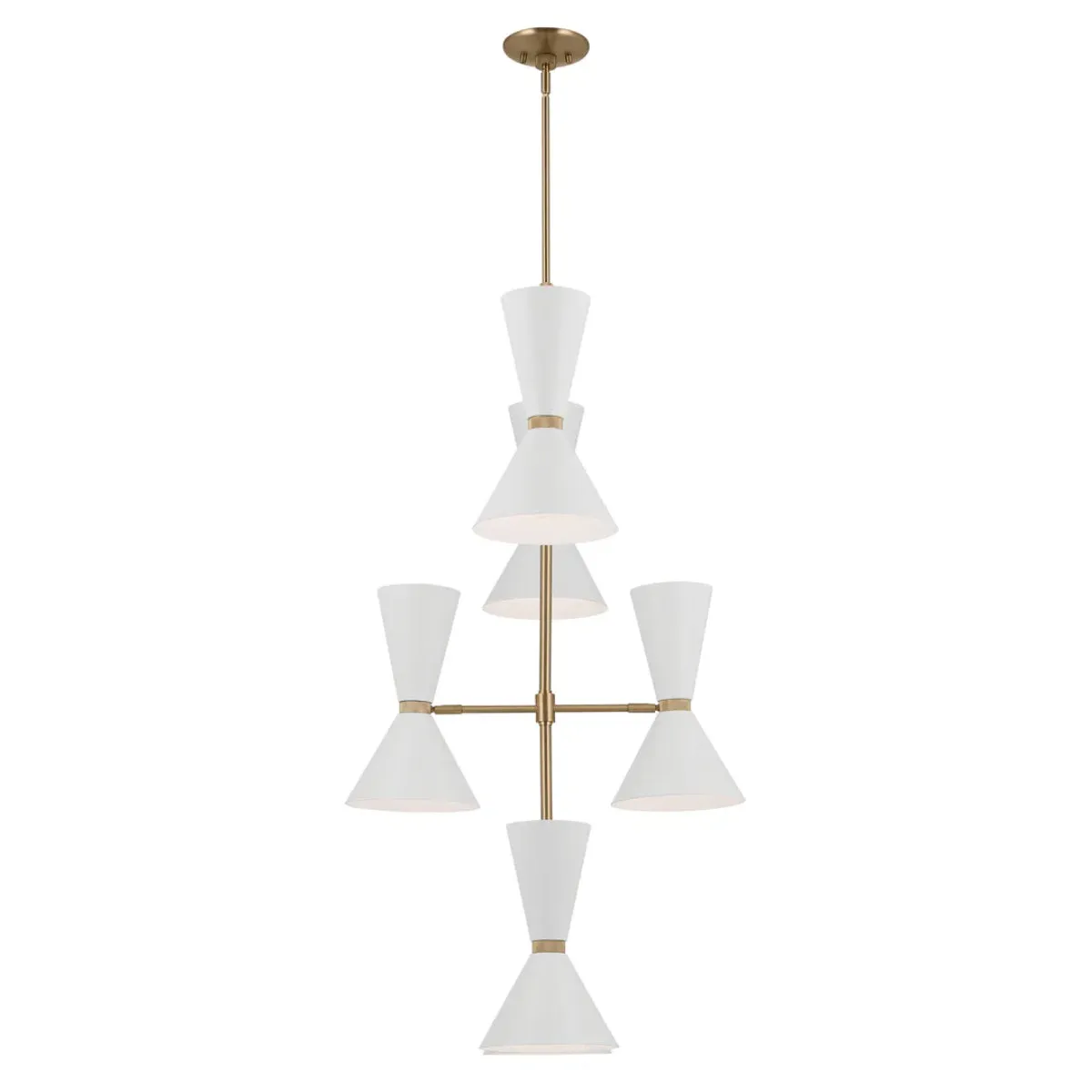 Phix 50" 12-Light Multi-Tier Chandelier with Metal Cone Shade, Champagne Bronze and White Finish
