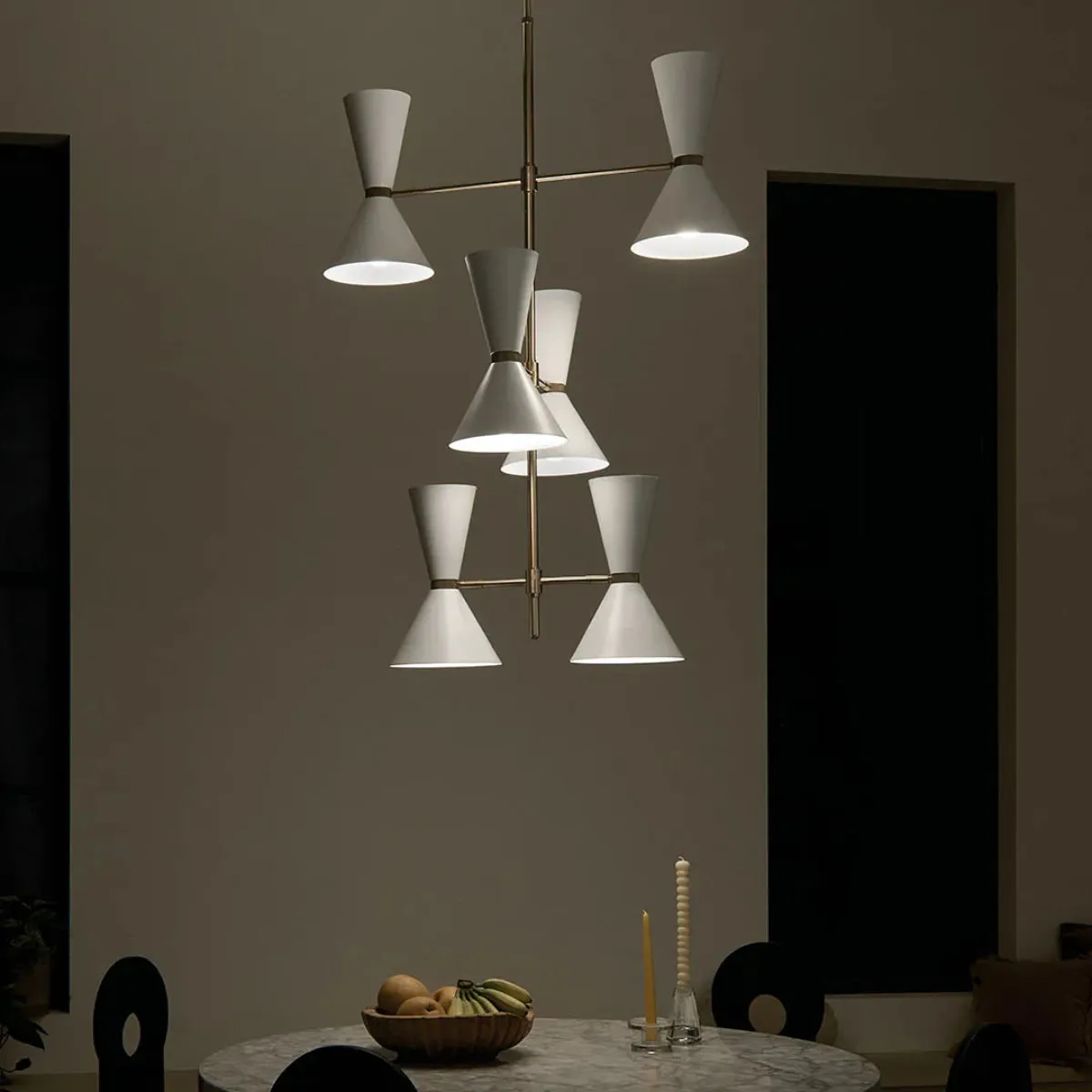 Phix 50" 12-Light Multi-Tier Chandelier with Metal Cone Shade, Champagne Bronze and White Finish