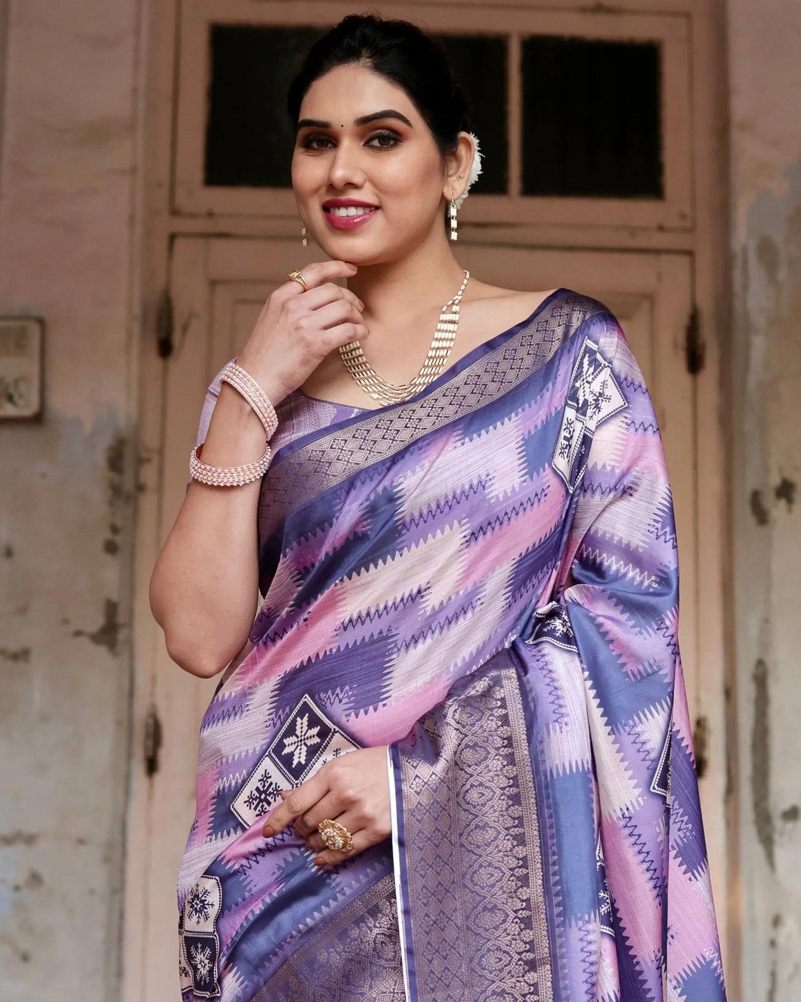 Purple and Pink Geometric Pure Silk Digital Print Saree with Gold Border and Tassels