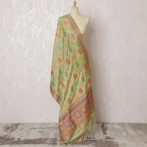 Soft Mint Green Synthetic Brocade Dupatta with Vibrant Floral Embroidery and Pink Border, 85x245 cm-D19305