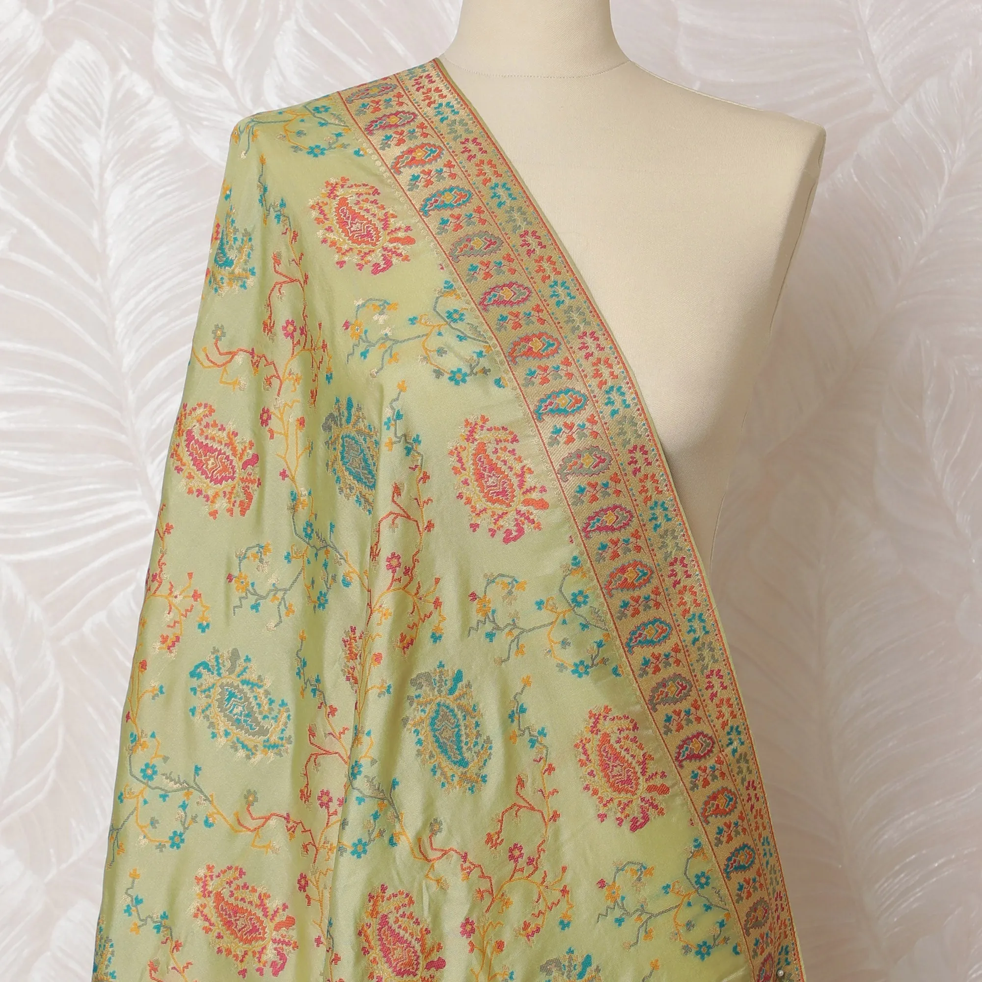 Soft Mint Green Synthetic Brocade Dupatta with Vibrant Floral Embroidery and Pink Border, 85x245 cm-D19305