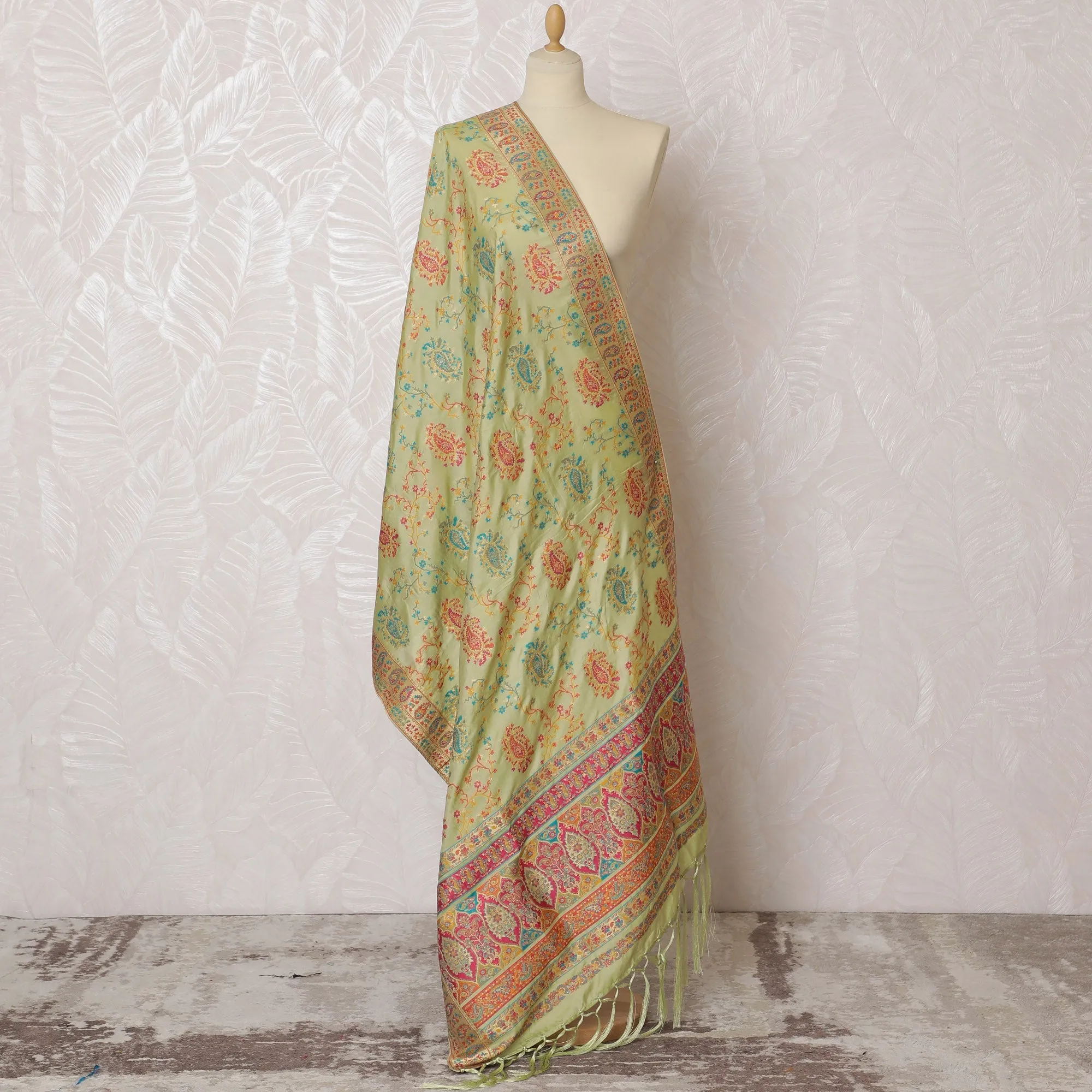 Soft Mint Green Synthetic Brocade Dupatta with Vibrant Floral Embroidery and Pink Border, 85x245 cm-D19305