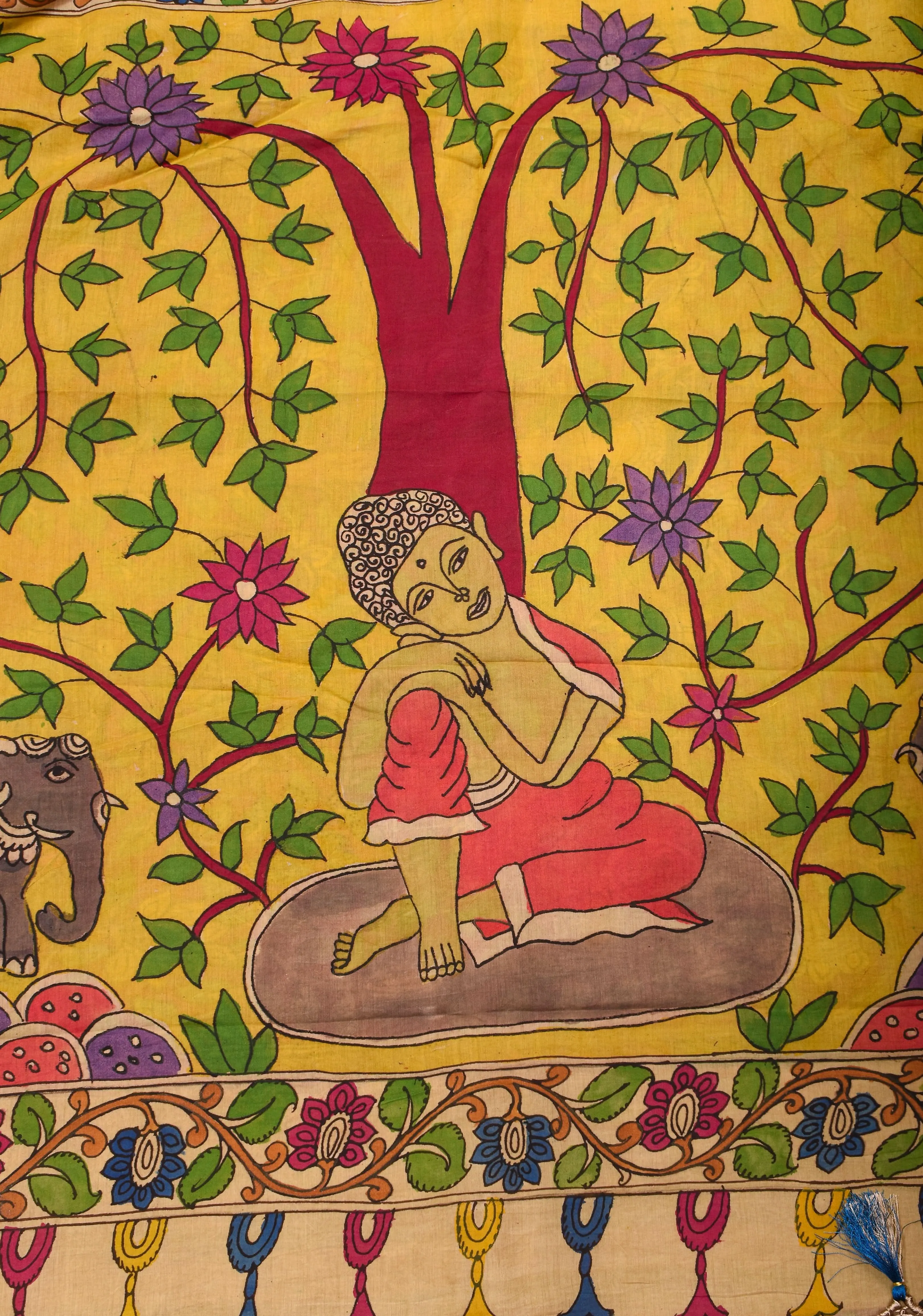 Tree of Life with Buddha Authentic Pen Kalamakari on Pure Assam Silk Saree with Zari Borders | SILK MARK CERTIFIED
