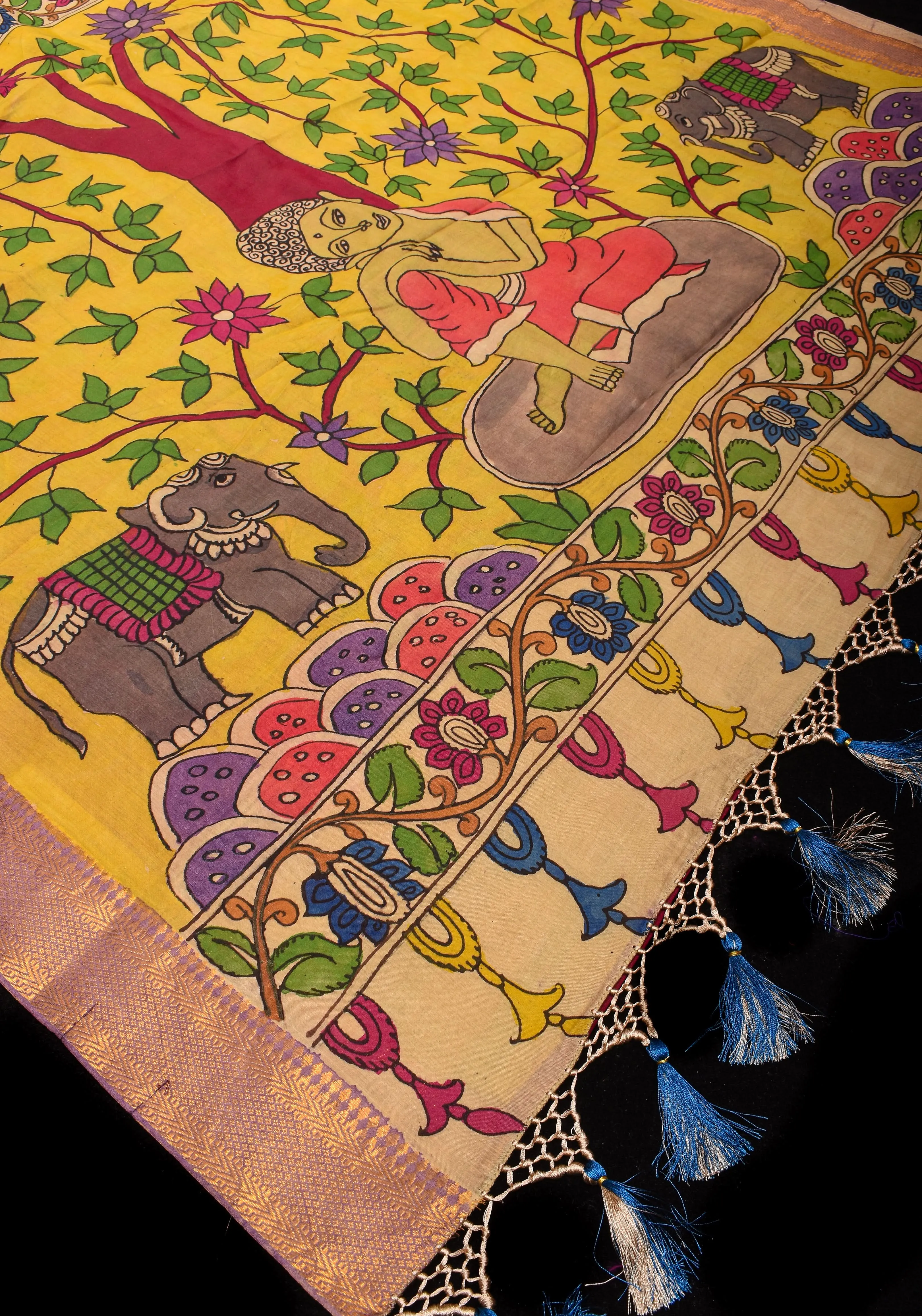 Tree of Life with Buddha Authentic Pen Kalamakari on Pure Assam Silk Saree with Zari Borders | SILK MARK CERTIFIED