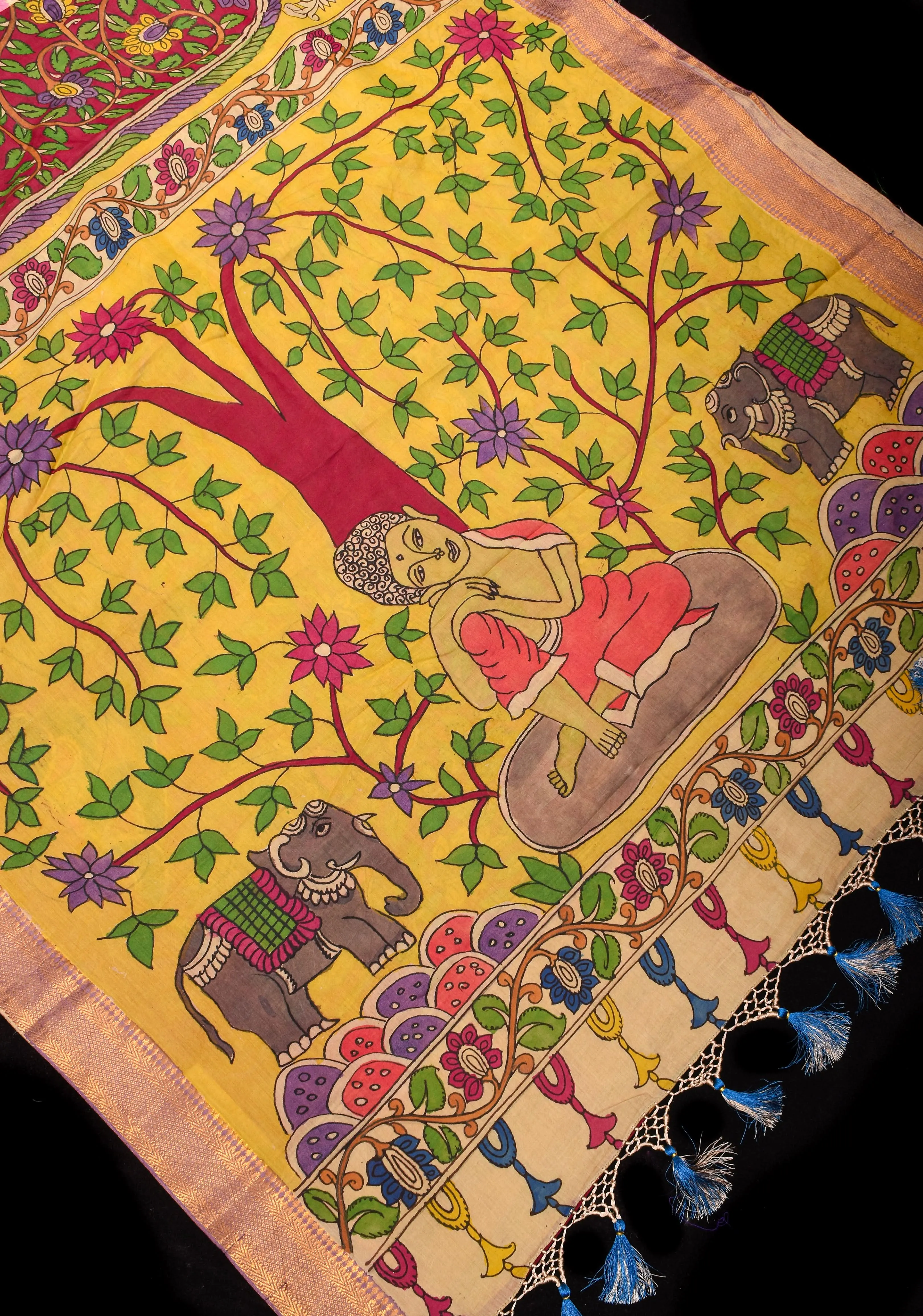 Tree of Life with Buddha Authentic Pen Kalamakari on Pure Assam Silk Saree with Zari Borders | SILK MARK CERTIFIED