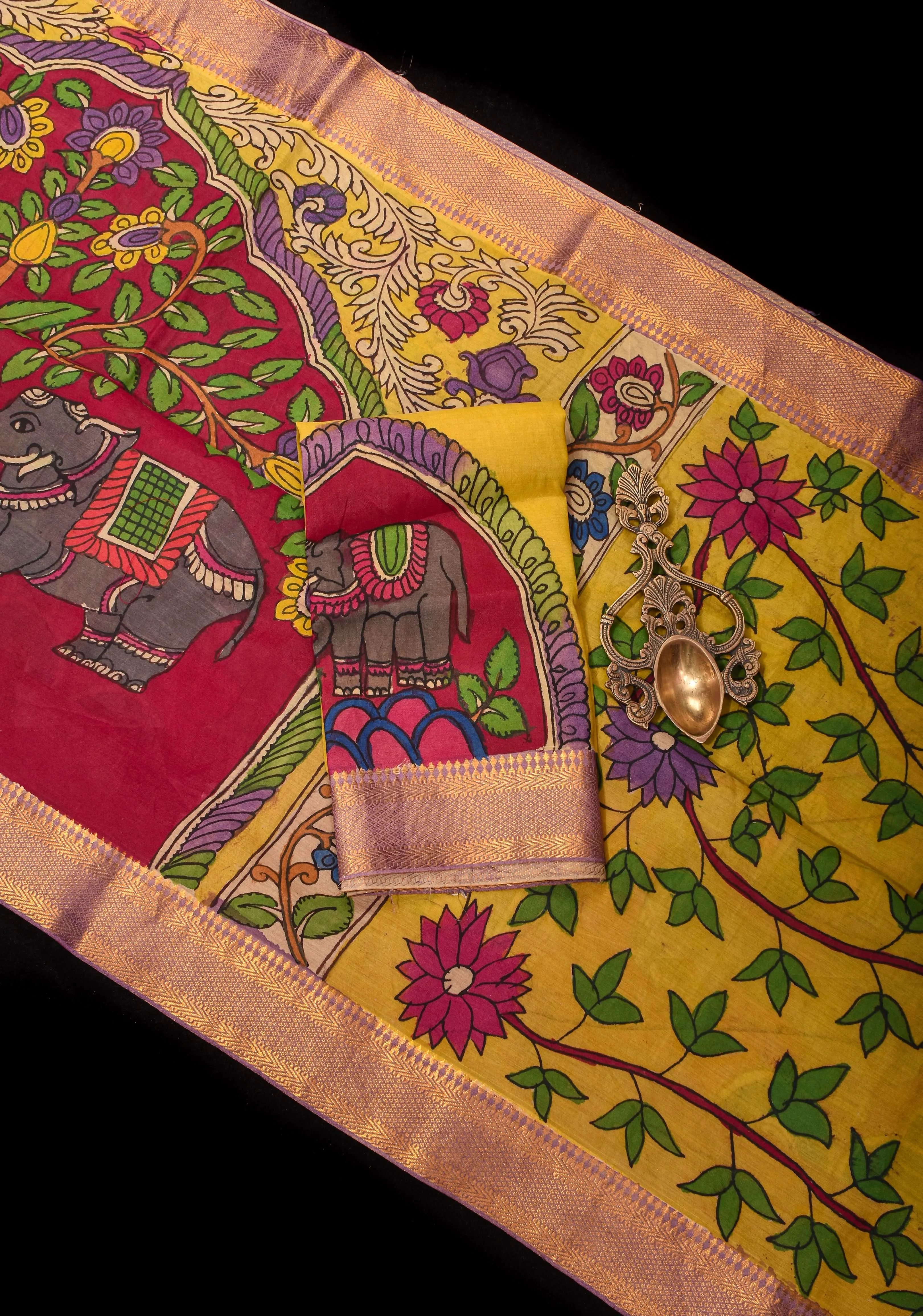 Tree of Life with Buddha Authentic Pen Kalamakari on Pure Assam Silk Saree with Zari Borders | SILK MARK CERTIFIED