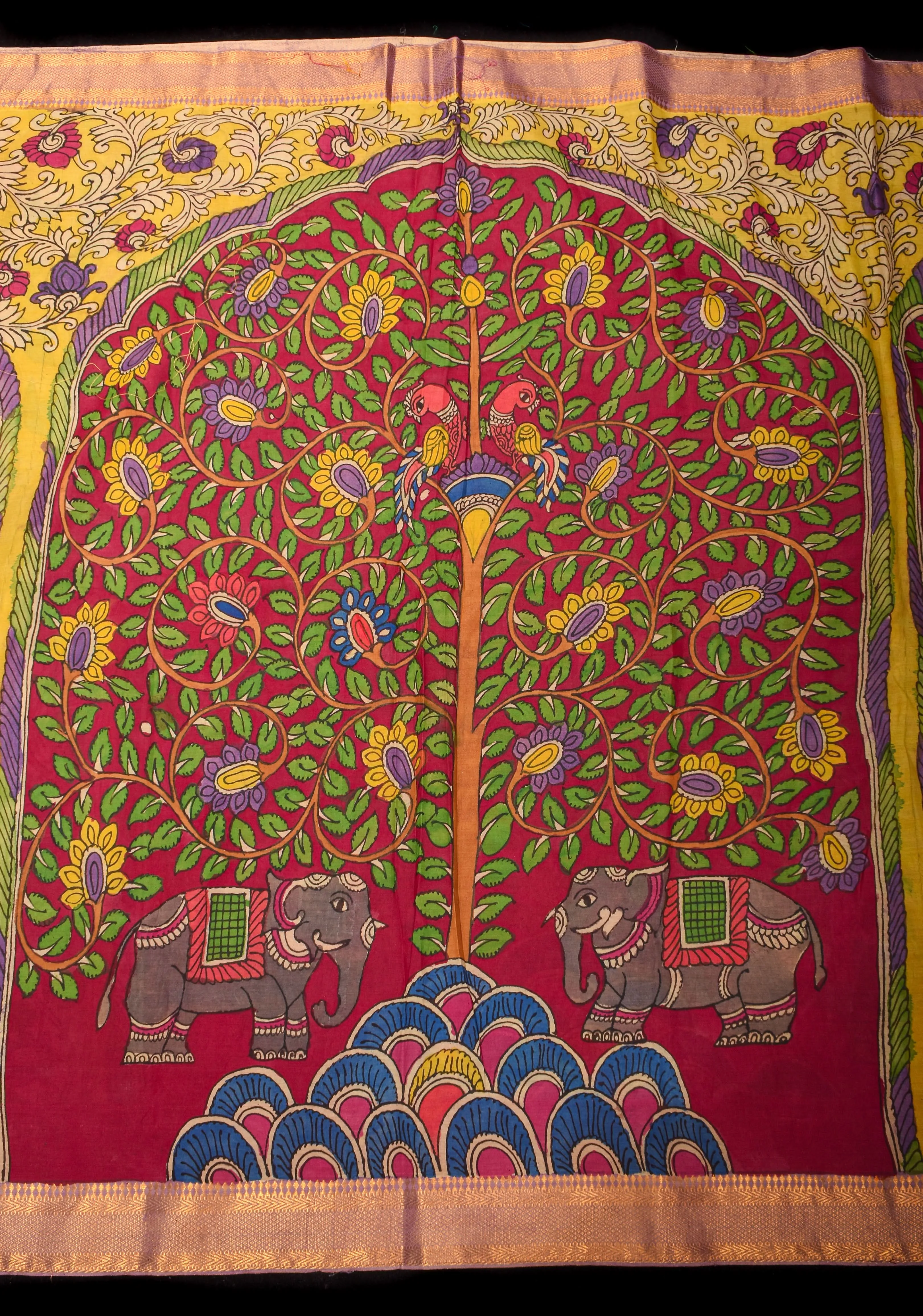 Tree of Life with Buddha Authentic Pen Kalamakari on Pure Assam Silk Saree with Zari Borders | SILK MARK CERTIFIED