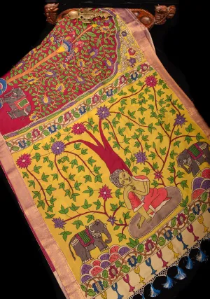 Tree of Life with Buddha Authentic Pen Kalamakari on Pure Assam Silk Saree with Zari Borders | SILK MARK CERTIFIED