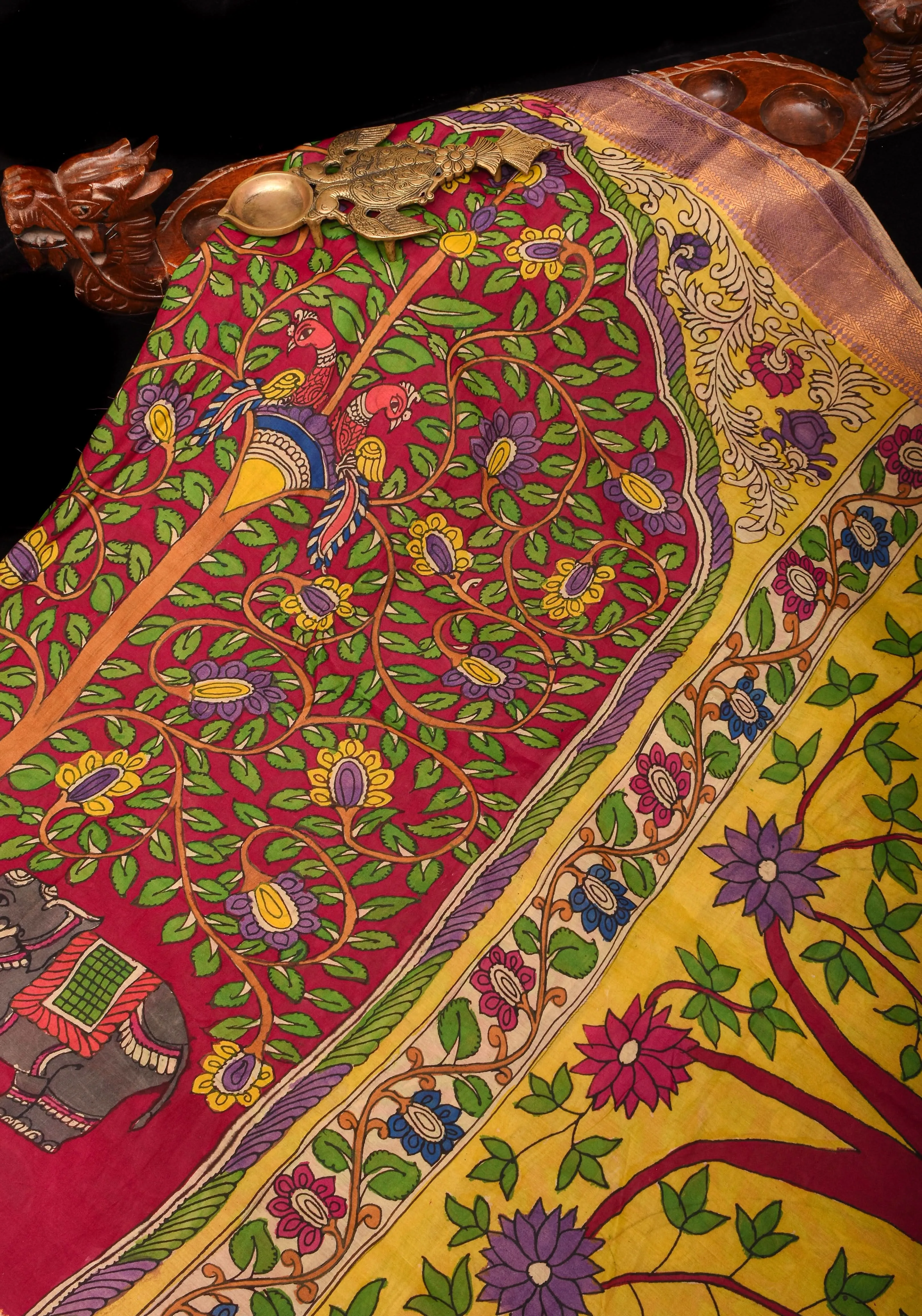 Tree of Life with Buddha Authentic Pen Kalamakari on Pure Assam Silk Saree with Zari Borders | SILK MARK CERTIFIED