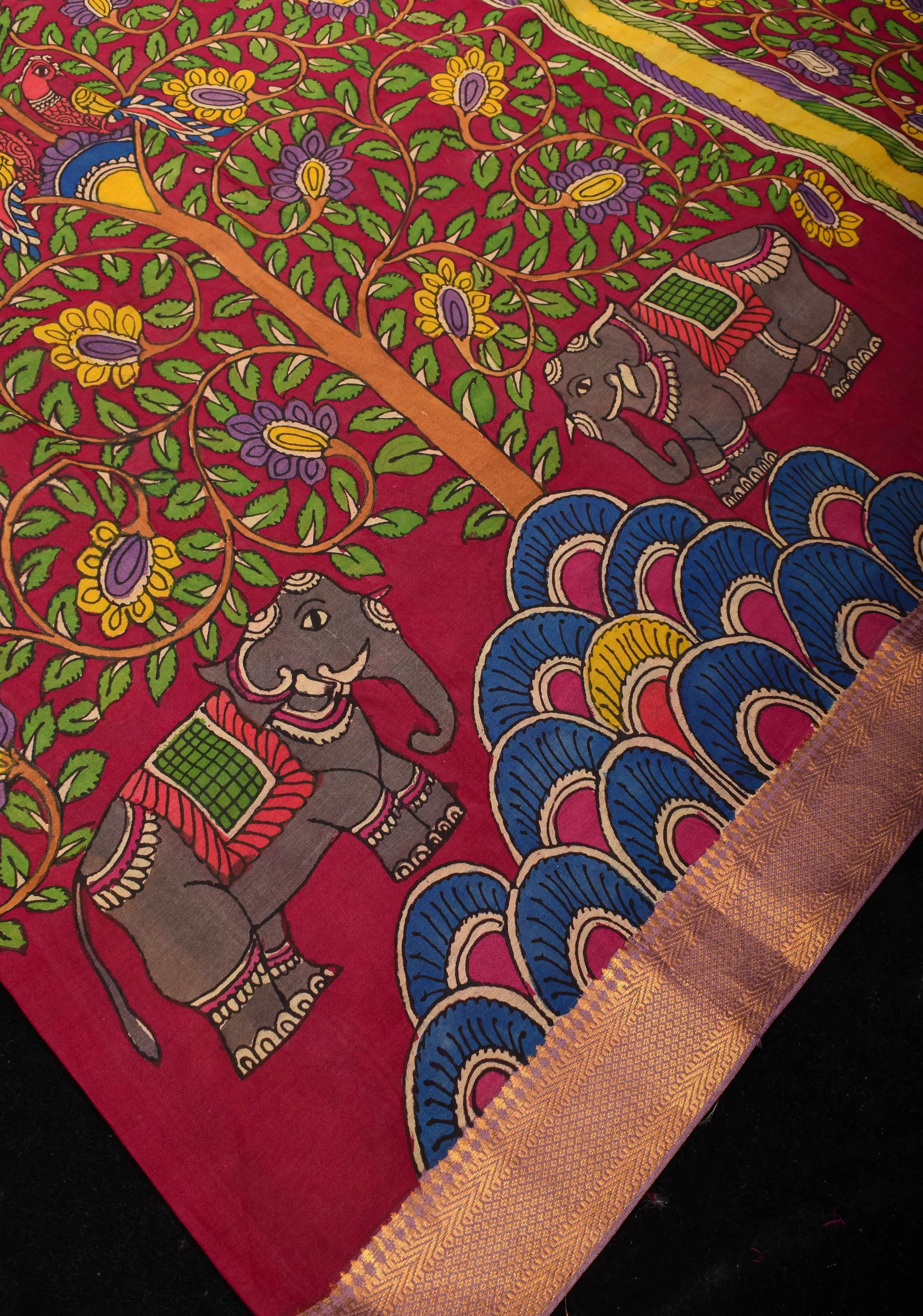 Tree of Life with Buddha Authentic Pen Kalamakari on Pure Assam Silk Saree with Zari Borders | SILK MARK CERTIFIED