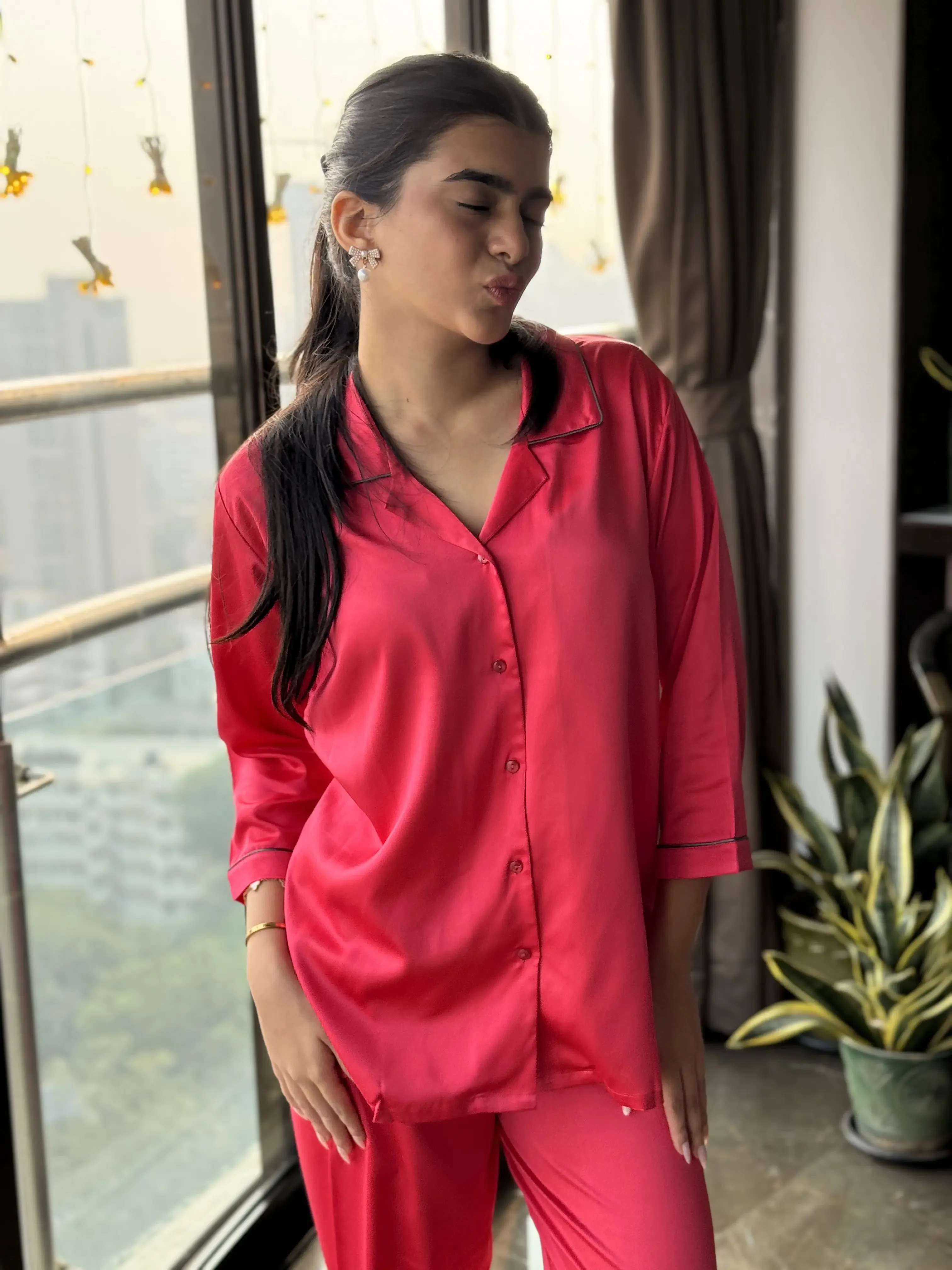 Velure Flerry Red Satin Night Suit