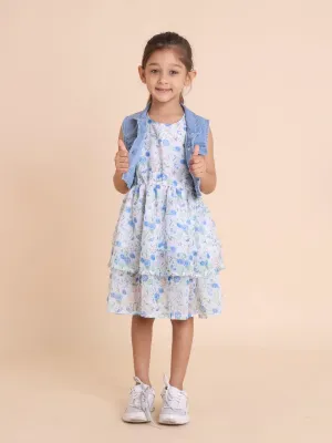 White floral fit and flare dress with denim jacket