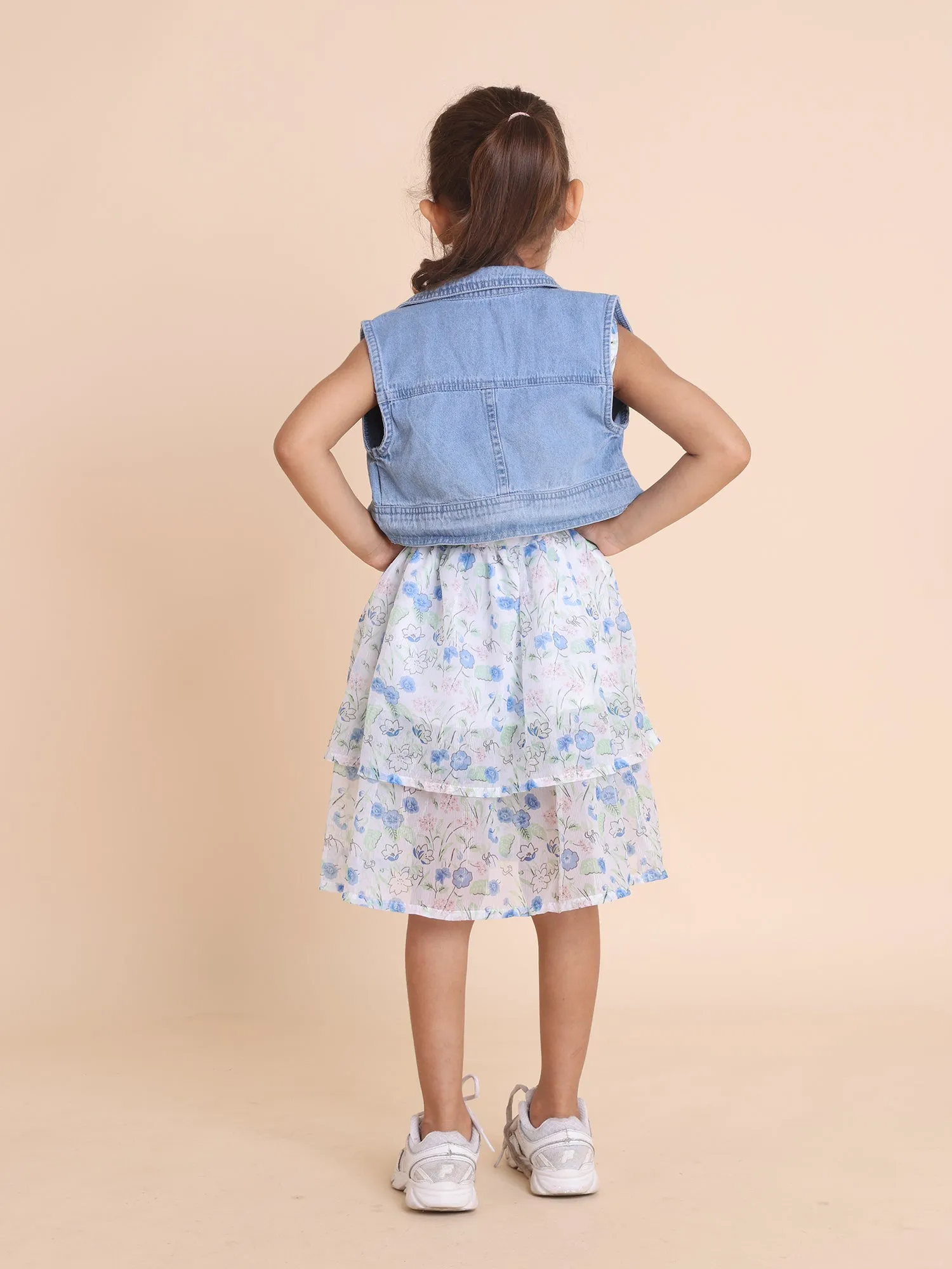 White floral fit and flare dress with denim jacket