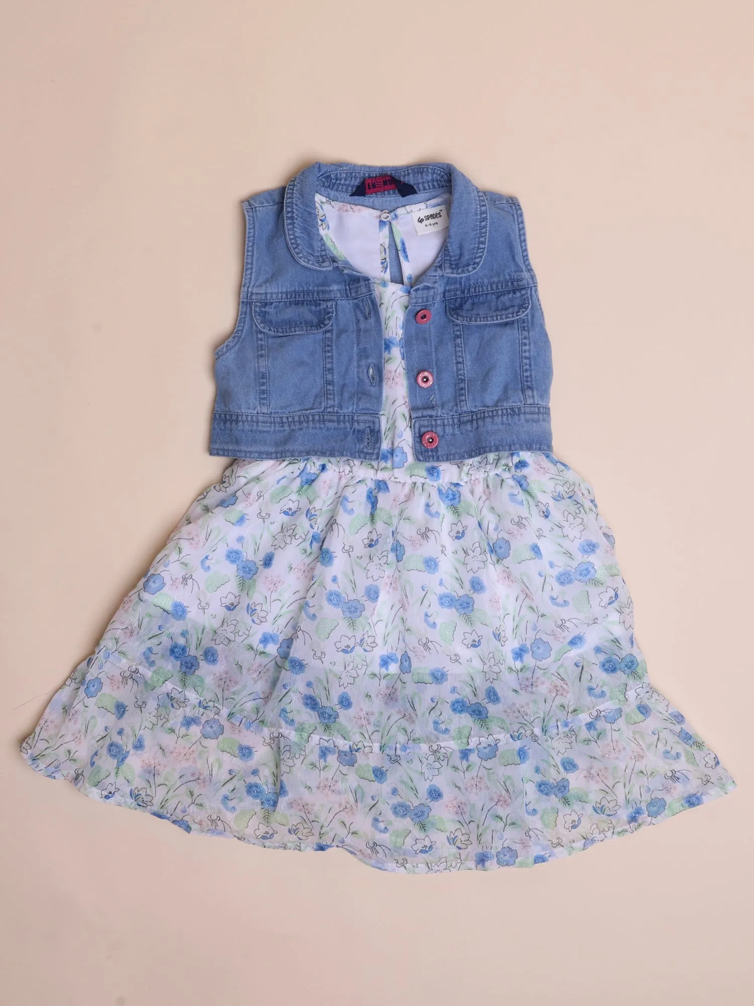 White floral fit and flare dress with denim jacket