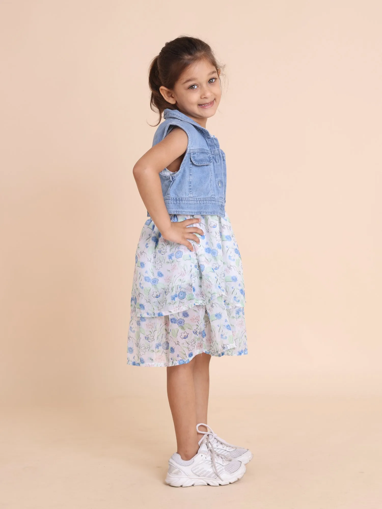 White floral fit and flare dress with denim jacket