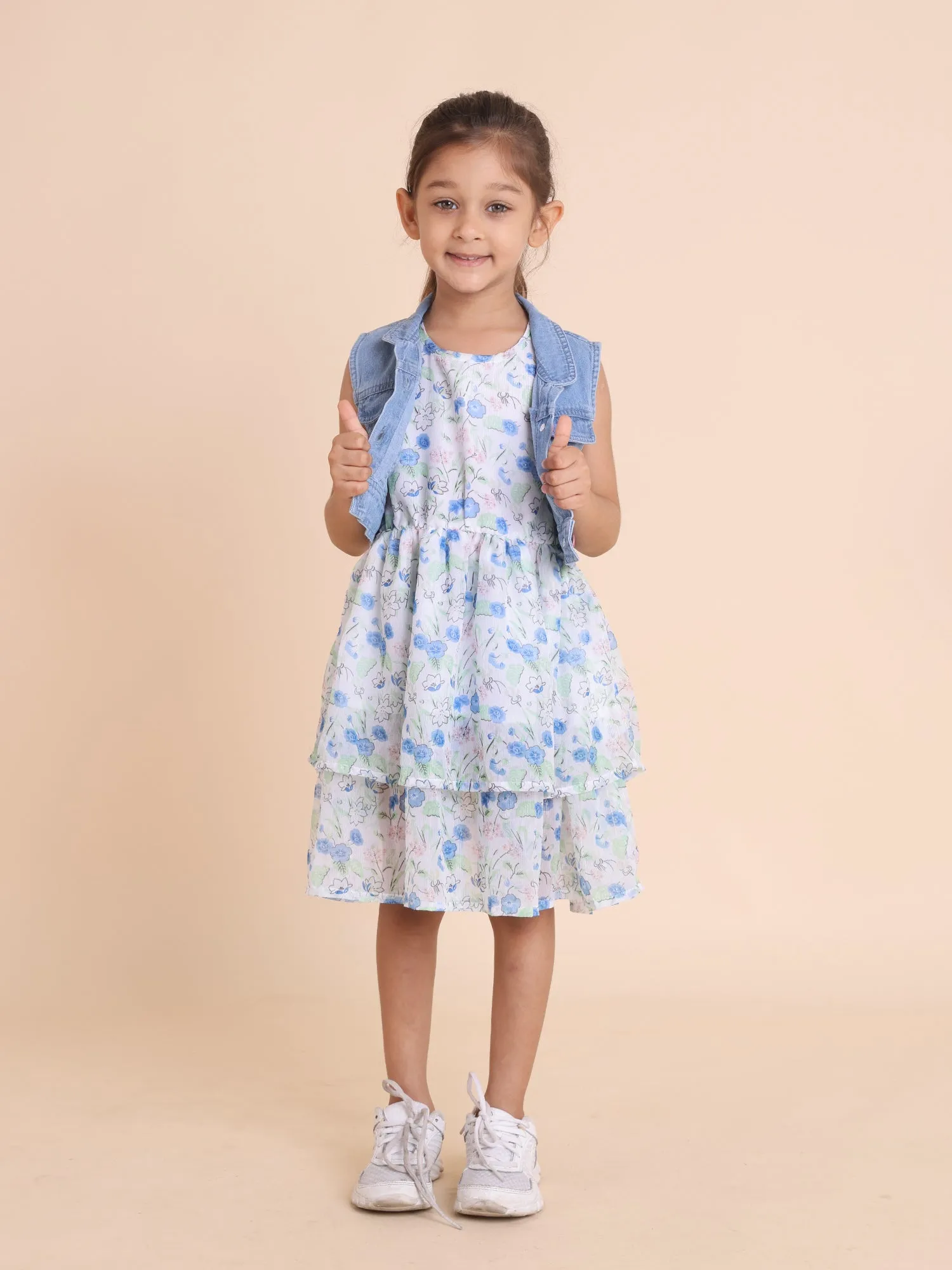 White floral fit and flare dress with denim jacket